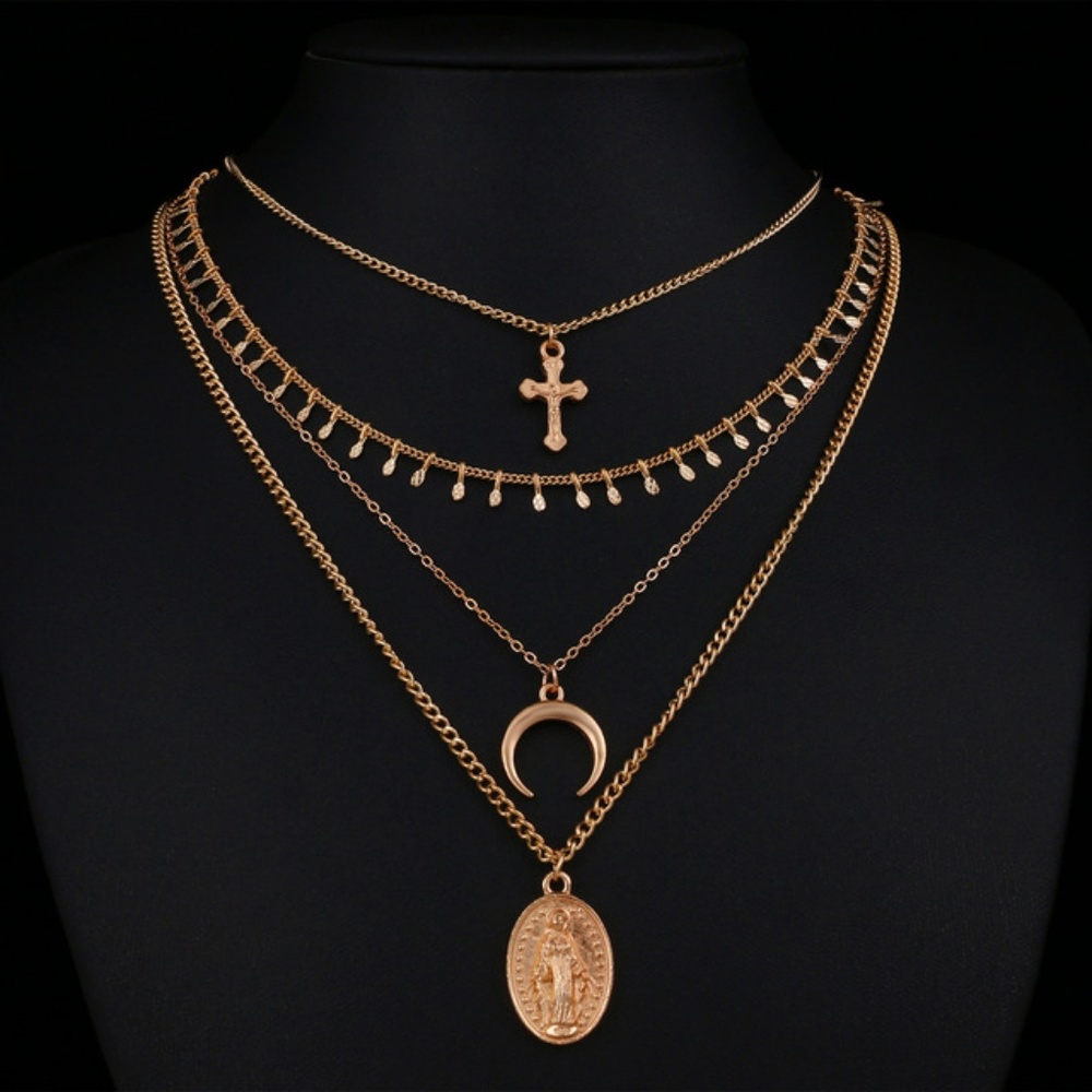 5 for $25 Four Layer Cross and Horn  Necklace - Picture 3 of 7